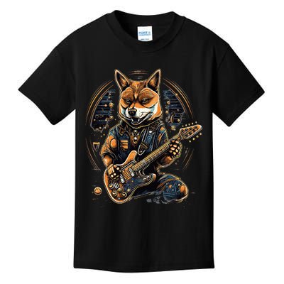 Electric Guitar Rock Music Black and tan Shiba Inu Kids T-Shirt