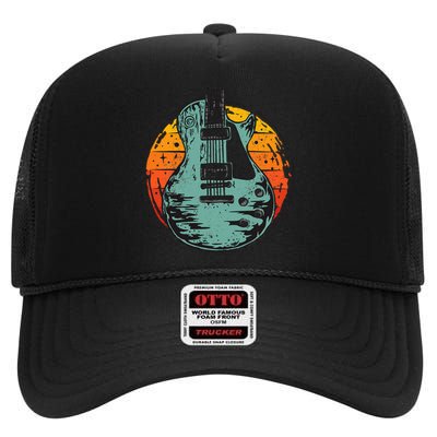 Electric Guitar Retro Sunset High Crown Mesh Back Trucker Hat