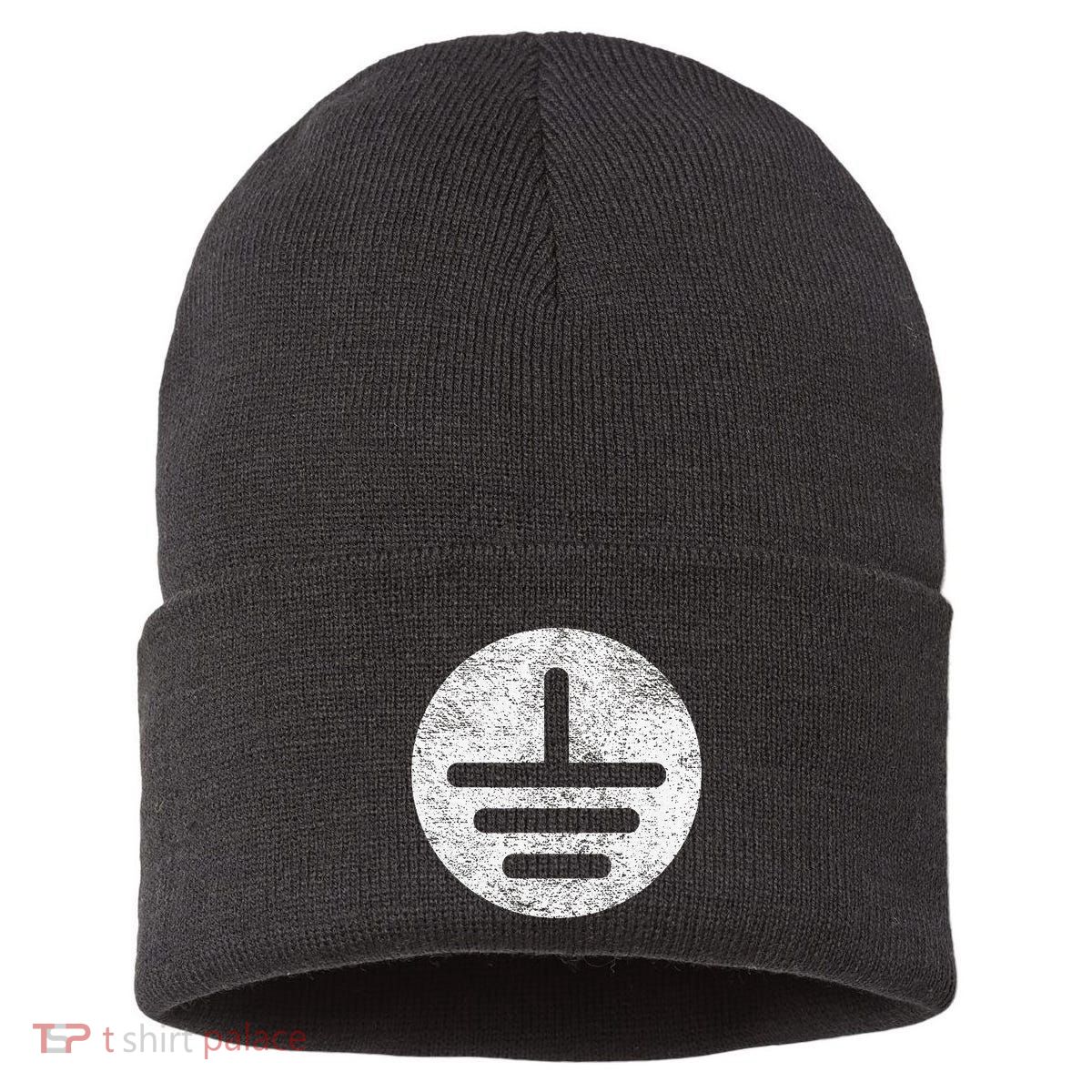 Electrical Ground Symbol Stay Grounded Electric Tech Sustainable Knit Beanie