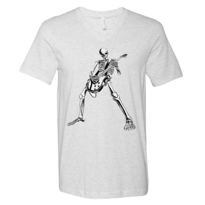 Eagerlys Guitar Skull Skeleton Playing Guitar V-Neck T-Shirt