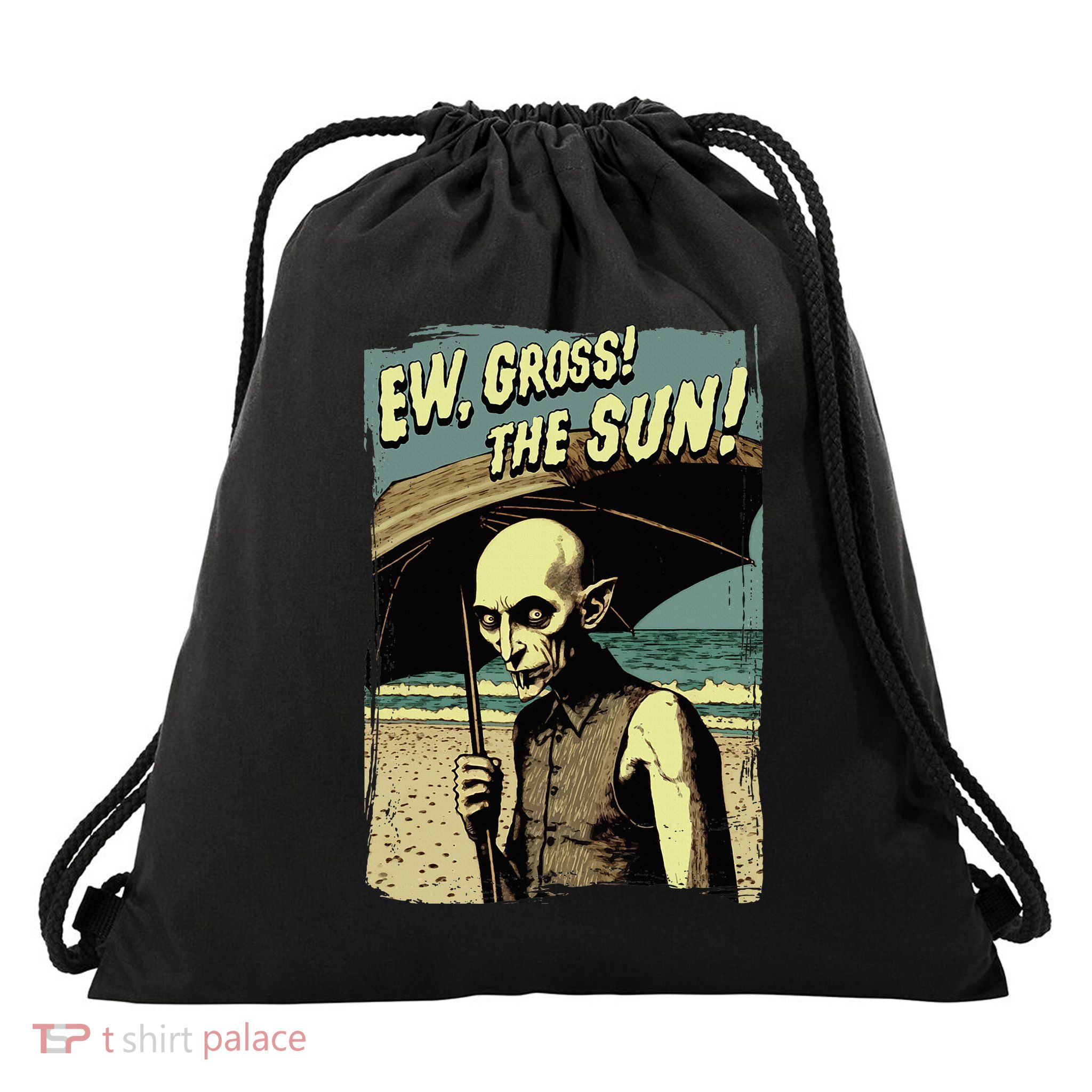 Ew Gross! The Sun! Vampire At The Sunny Beach Summer Goth Drawstring Bag