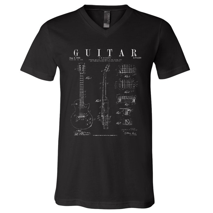 Electric Guitar Vintage Patent Guitarist Drawing Print V-Neck T-Shirt