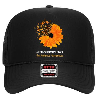 End Gun Violence Awareness Orange Ribbon Sunflower High Crown Mesh Back Trucker Hat