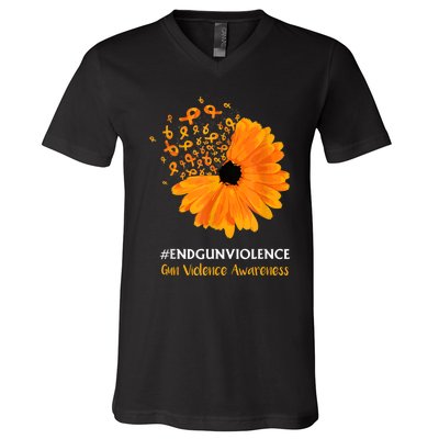 End Gun Violence Awareness Orange Ribbon SunFlower V-Neck T-Shirt