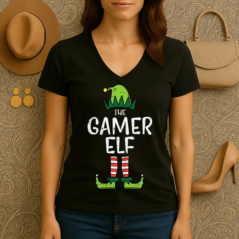 Elf Gamer Xmas Holiday Fun Women's V-Neck T-Shirt