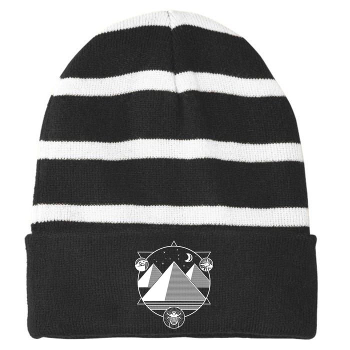 Egyptian Pyramids Emblem Striped Beanie with Solid Band