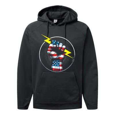 Electrician Hero American Flag Electrical Worker Performance Fleece Hoodie