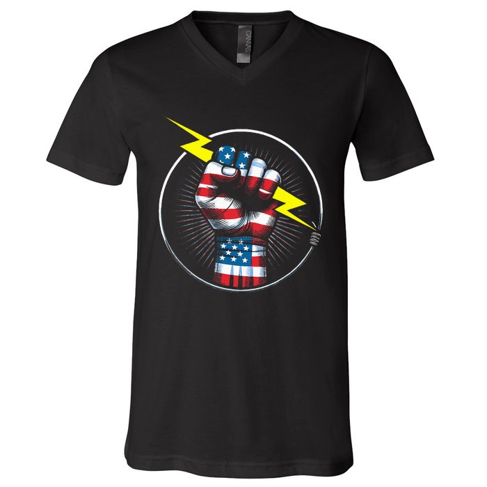 Electrician Hero American Flag Electrical Worker V-Neck T-Shirt