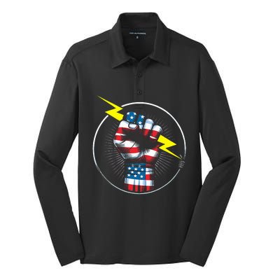 Electrician Hero American Flag Electrical Worker Silk Touch Performance Long Sleeve Polo