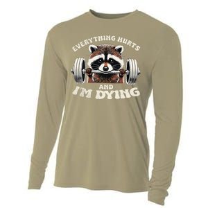 Everything Hurts And IM Dying Funny Racoon Humor Sarcastic Cooling Performance Long Sleeve Crew