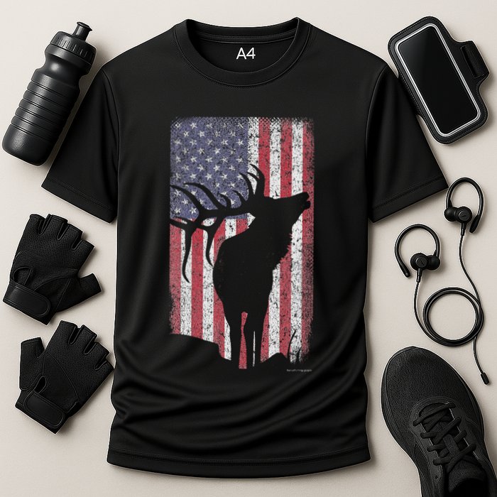 Elk Hunting Bugling Bull Us Flag American Retro Performance Shirt