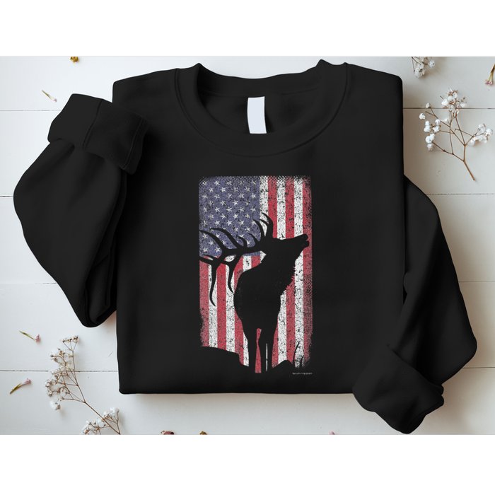 Elk Hunting Bugling Bull Us Flag American Retro Sweatshirt
