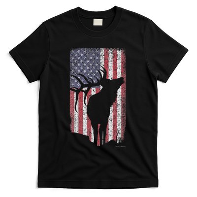 Elk Hunting Bugling Bull Us Flag American Retro T-Shirt