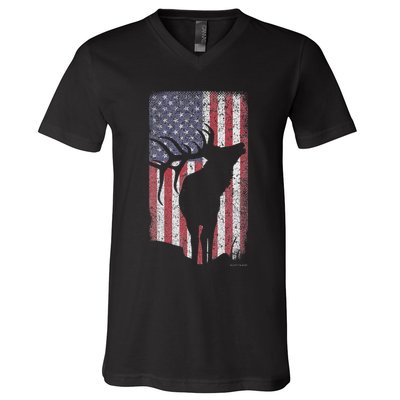 Elk Hunting Bugling Bull Us Flag American Retro V-Neck T-Shirt