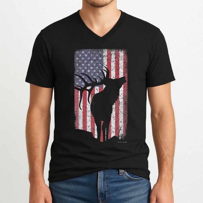 Elk Hunting Bugling Bull Us Flag American Retro V-Neck T-Shirt