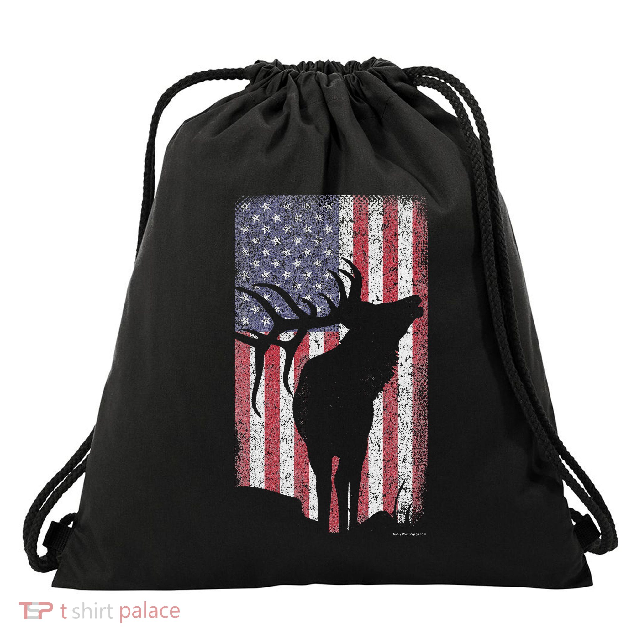 Elk Hunting Bugling Bull Us Flag American Retro Drawstring Bag