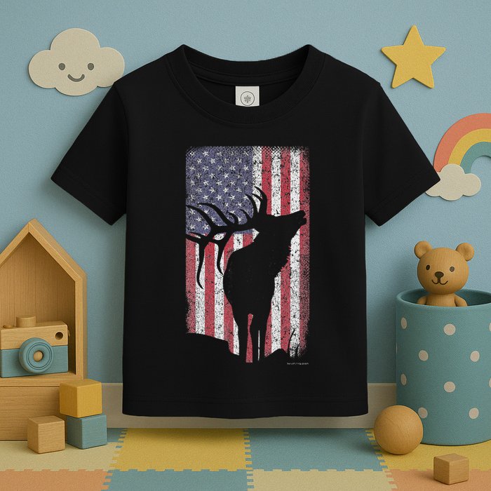 Elk Hunting Bugling Bull Us Flag American Retro Toddler T-Shirt
