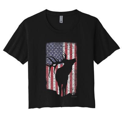 Elk Hunting Bugling Bull Us Flag American Retro Crop Top