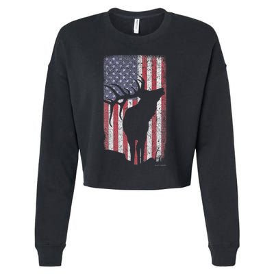 Elk Hunting Bugling Bull Us Flag American Retro Cropped Pullover Crew