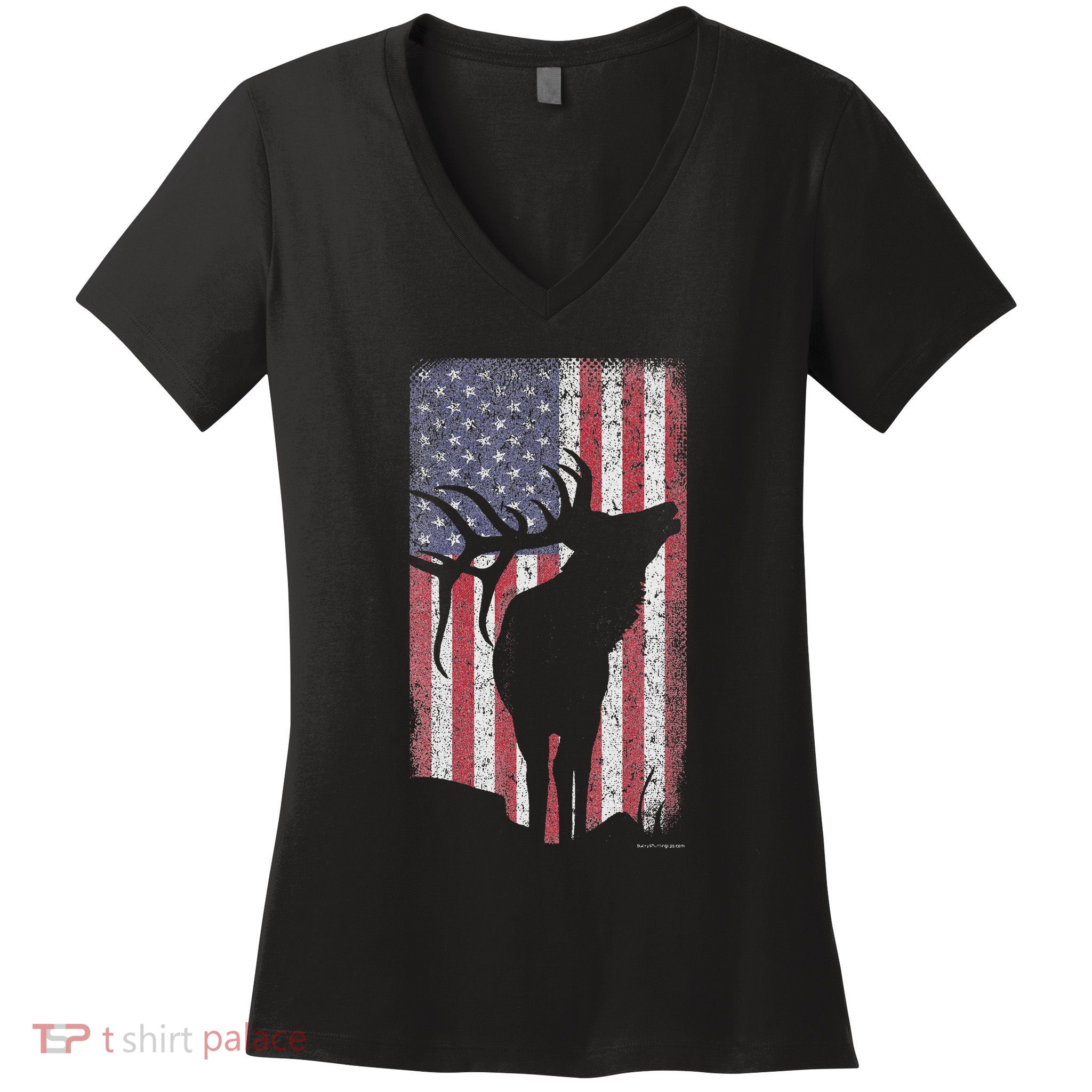 Elk Hunting Bugling Bull Us Flag American Retro Women's V-Neck T-Shirt