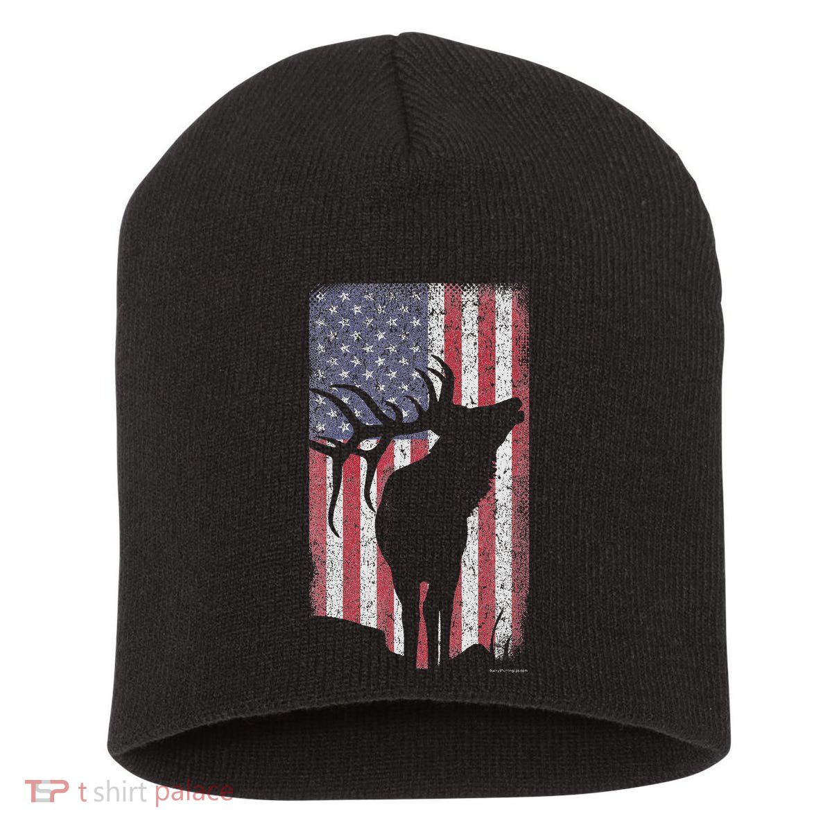 Elk Hunting Bugling Bull Us Flag American Retro Short Acrylic Beanie