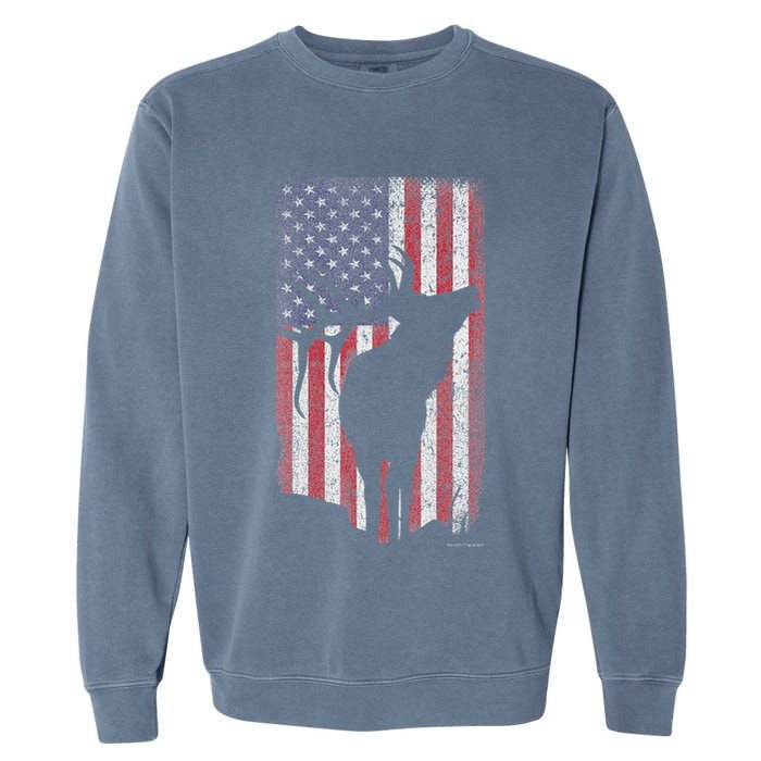 Elk Hunting Bugling Bull Us Flag American Retro Garment-Dyed Sweatshirt