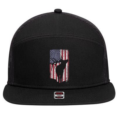 Elk Hunting Bugling Bull Us Flag American Retro 7 Panel Mesh Trucker Snapback Hat