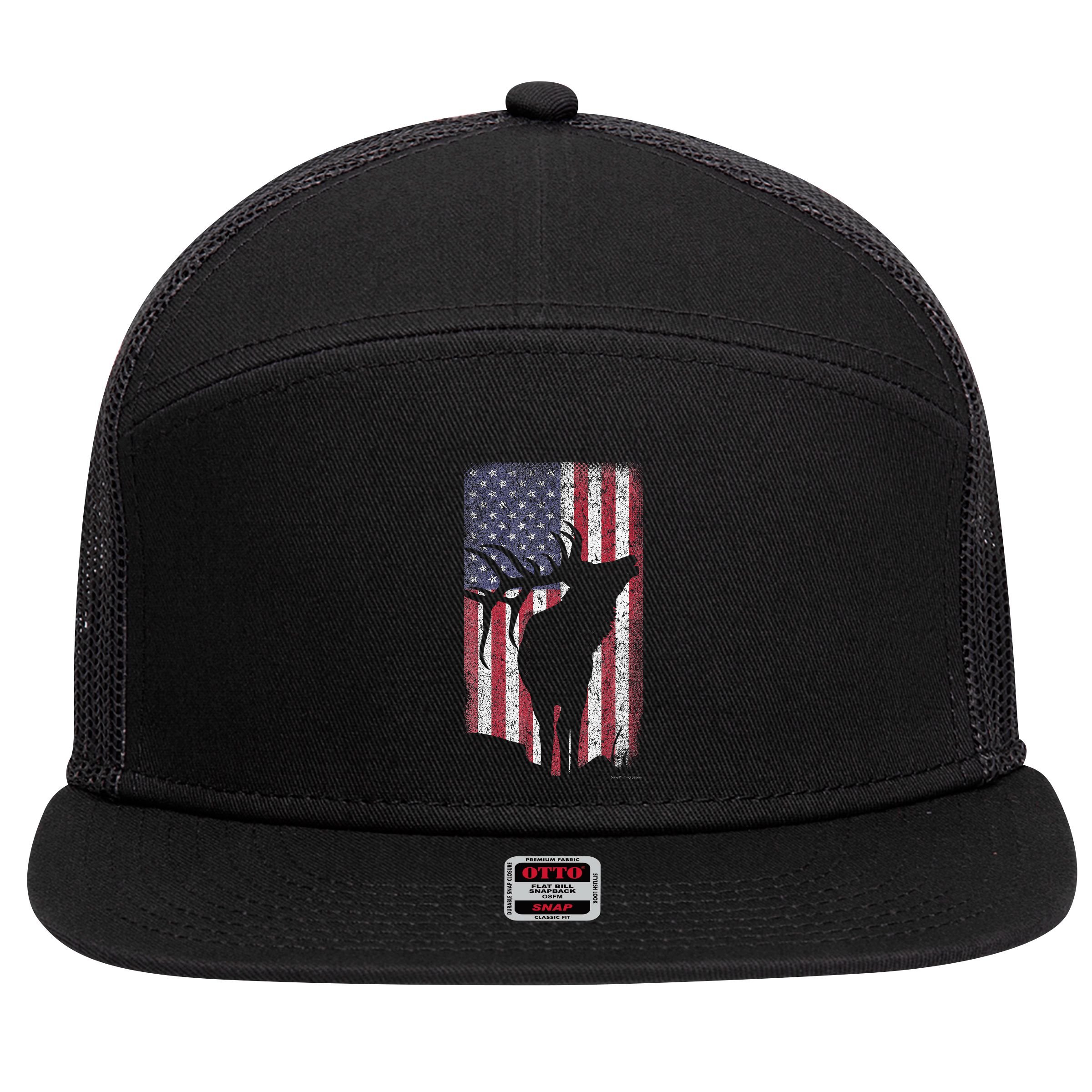 Elk Hunting Bugling Bull Us Flag American Retro 7 Panel Mesh Trucker Snapback Hat