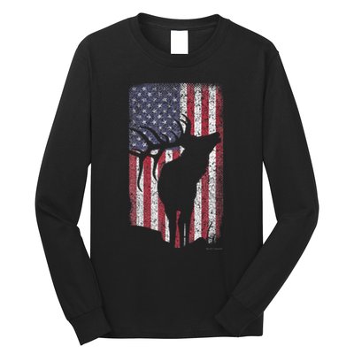 Elk Hunting Bugling Bull Us Flag American Retro Long Sleeve Shirt