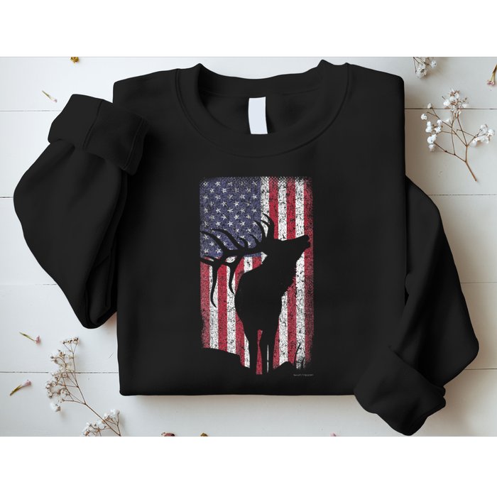 Elk Hunting Bugling Bull Us Flag American Retro Sweatshirt