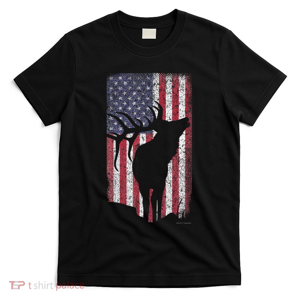 Elk Hunting Bugling Bull Us Flag American Retro T-Shirt