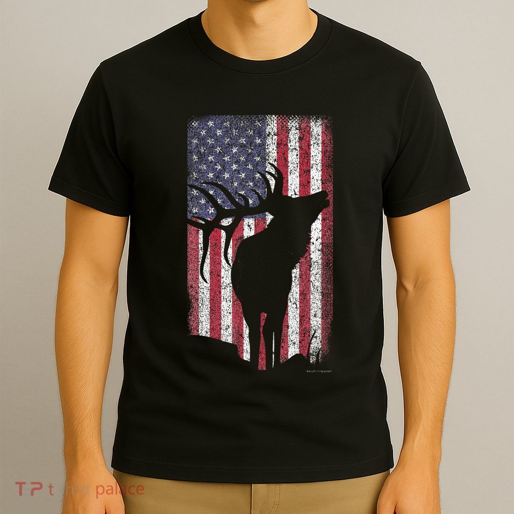 Elk Hunting Bugling Bull Us Flag American Retro T-Shirt