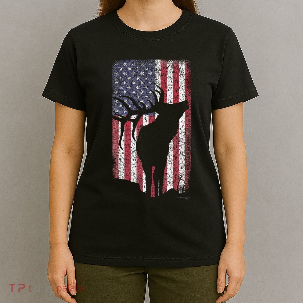 Elk Hunting Bugling Bull Us Flag American Retro T-Shirt