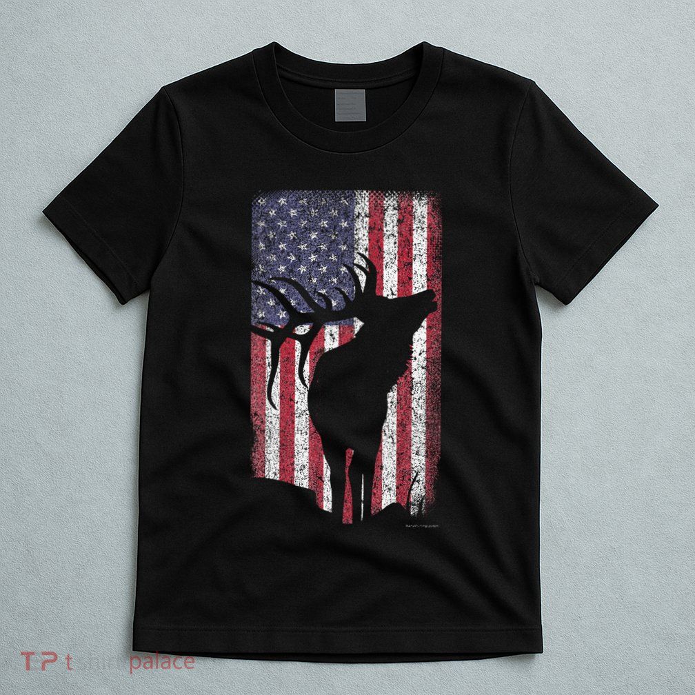 Elk Hunting Bugling Bull Us Flag American Retro T-Shirt