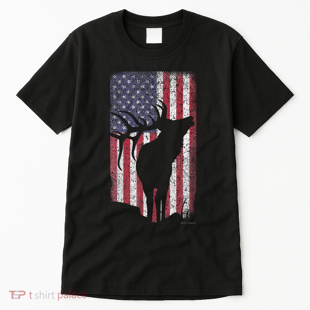 Elk Hunting Bugling Bull Us Flag American Retro Tall T-Shirt