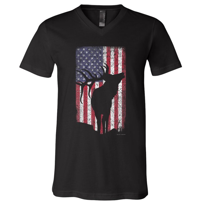 Elk Hunting Bugling Bull Us Flag American Retro V-Neck T-Shirt