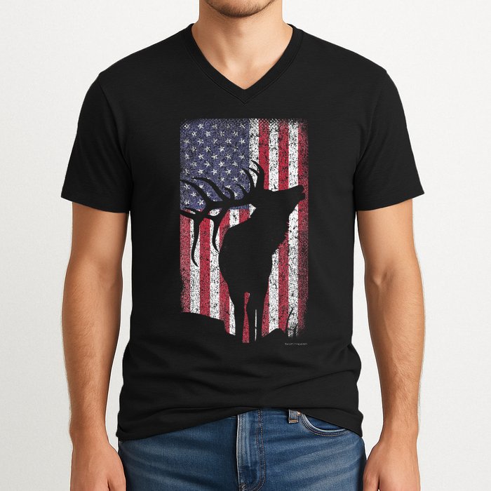 Elk Hunting Bugling Bull Us Flag American Retro V-Neck T-Shirt