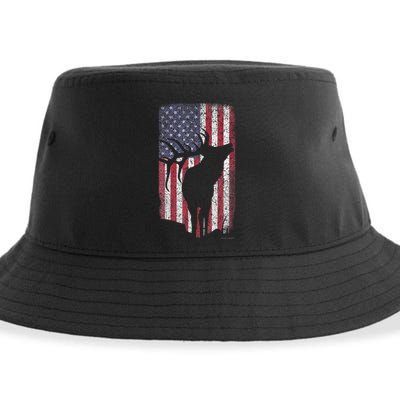 Elk Hunting Bugling Bull Us Flag American Retro Sustainable Bucket Hat
