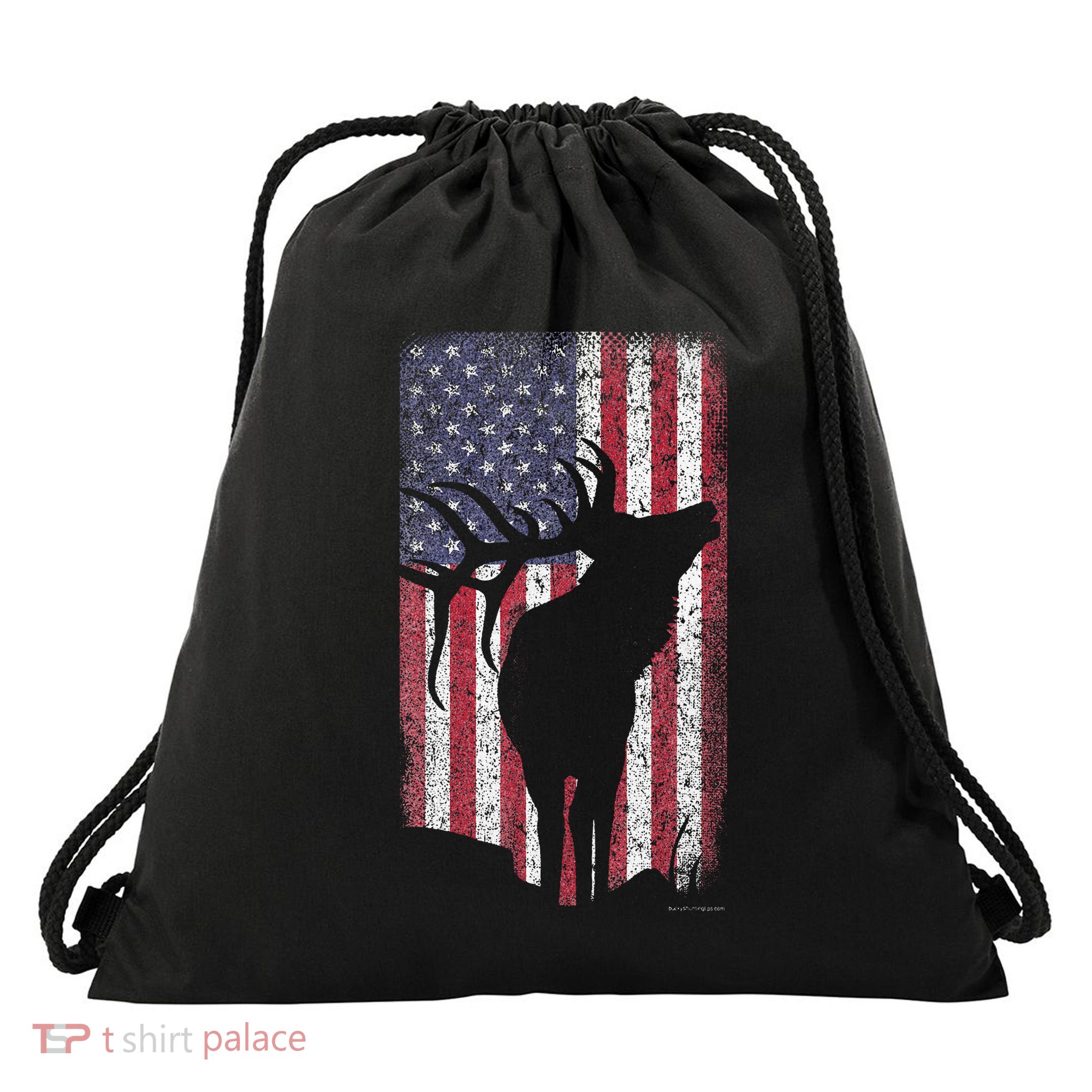 Elk Hunting Bugling Bull Us Flag American Retro Drawstring Bag