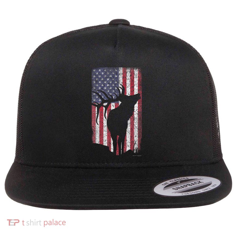 Elk Hunting Bugling Bull Us Flag American Retro Flatbill Hat
