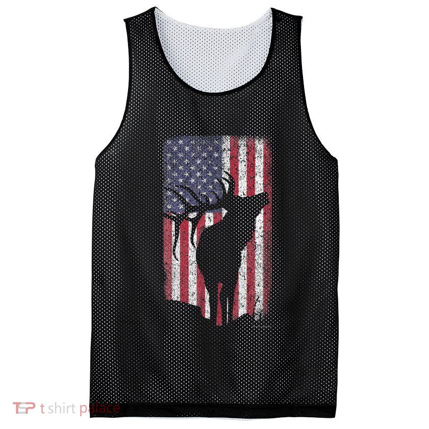 Elk Hunting Bugling Bull Us Flag American Retro Mesh Reversible Basketball Jersey Tank