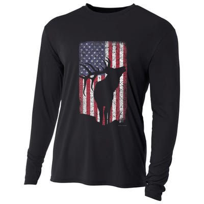 Elk Hunting Bugling Bull Us Flag American Retro Cooling Performance Long Sleeve Crew