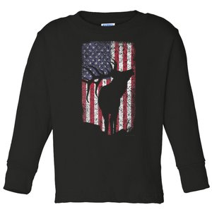 Elk Hunting Bugling Bull Us Flag American Retro Toddler Long Sleeve Shirt