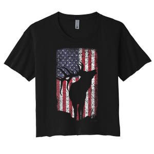 Elk Hunting Bugling Bull Us Flag American Retro Women's Crop Top Tee