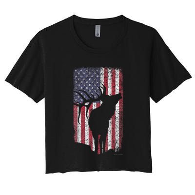 Elk Hunting Bugling Bull Us Flag American Retro Crop Top