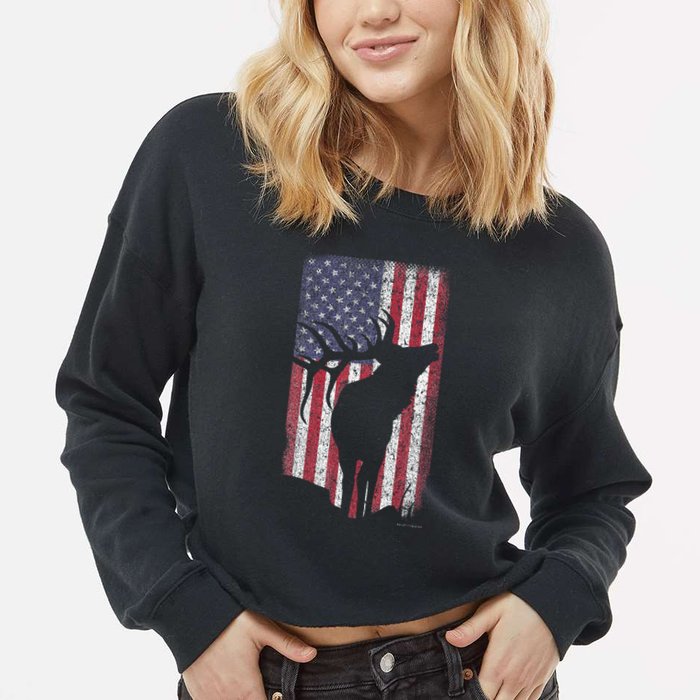 Elk Hunting Bugling Bull Us Flag American Retro Cropped Pullover Crew