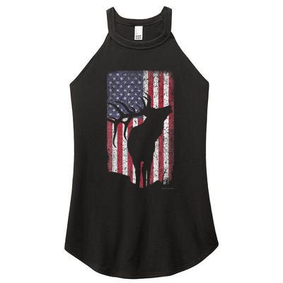 Elk Hunting Bugling Bull Us Flag American Retro Women's Perfect Tri Rocker Tank