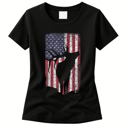Elk Hunting Bugling Bull Us Flag American Retro Womens T-Shirt