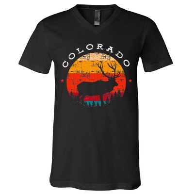 Elk Hunting Colorado Souvenir Hunting Deer Vintage Sunset V-Neck T-Shirt