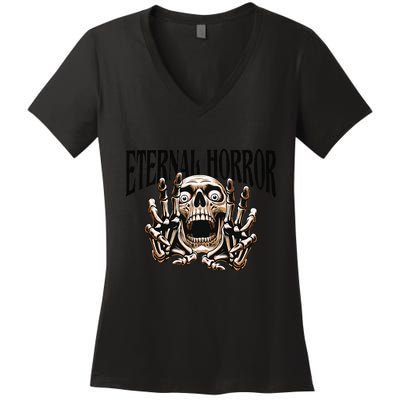 Eternal Horror Creepy Skeleton Screaming Dark Horror Spooky Women's V-Neck T-Shirt